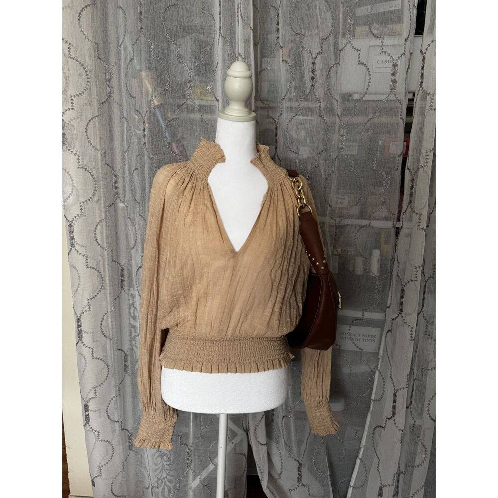 Free People FP One XS Camel Smocked Peasant Blouse Boho Romantic Cottagecore